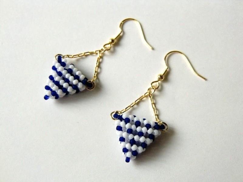 Striped Triangle Earrings Delicate Lace Border Striped Blue Navy Blue Navy White White Marine Sea Summer Seed Beads Triangle Classic Blue - 耳环/耳夹 - 玻璃 蓝色
