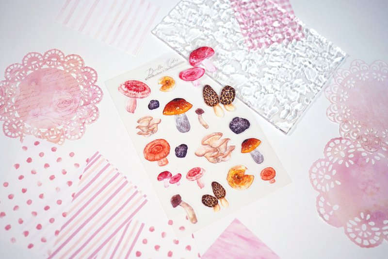 【可食用菇菇】水彩 白墨PET贴纸 蘑菇 菌类 水彩 手帐 - 贴纸 - 纸 红色