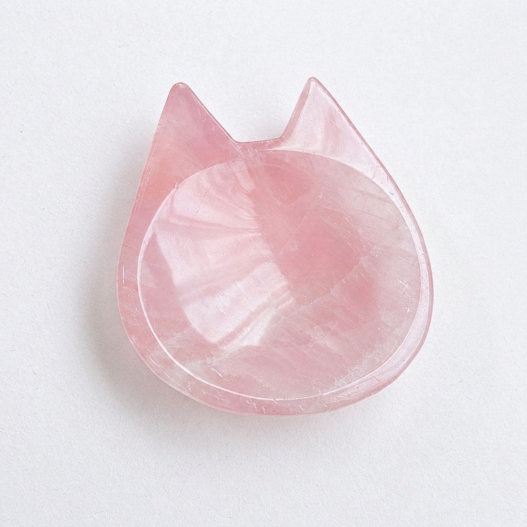 天然粉晶 猫型饰品托盘 水晶盘 天然石摆件 收纳盘 疗愈粉色 - 摆饰 - 水晶 粉红色
