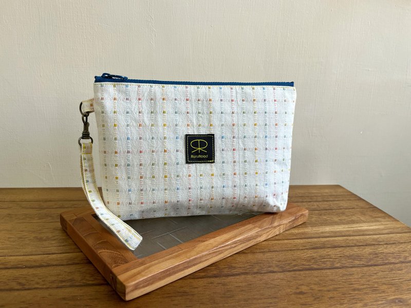 日本先染布 / 先染双层包 / 米白彩格 - 化妆包/杂物包 - 棉．麻 白色