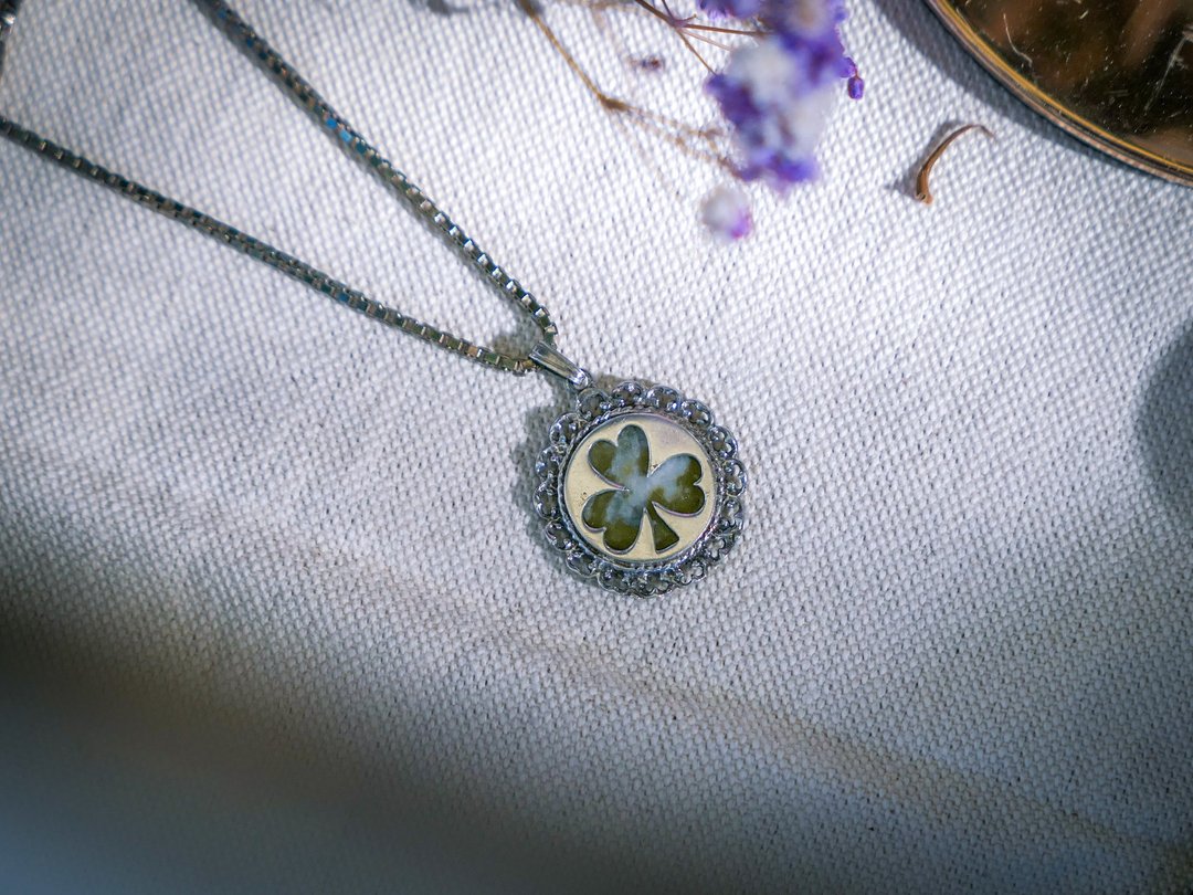 爱尔兰大理石酢浆草纯银项链－欧洲古董首饰 Vintage Jewelry - 项链 - 纯银 