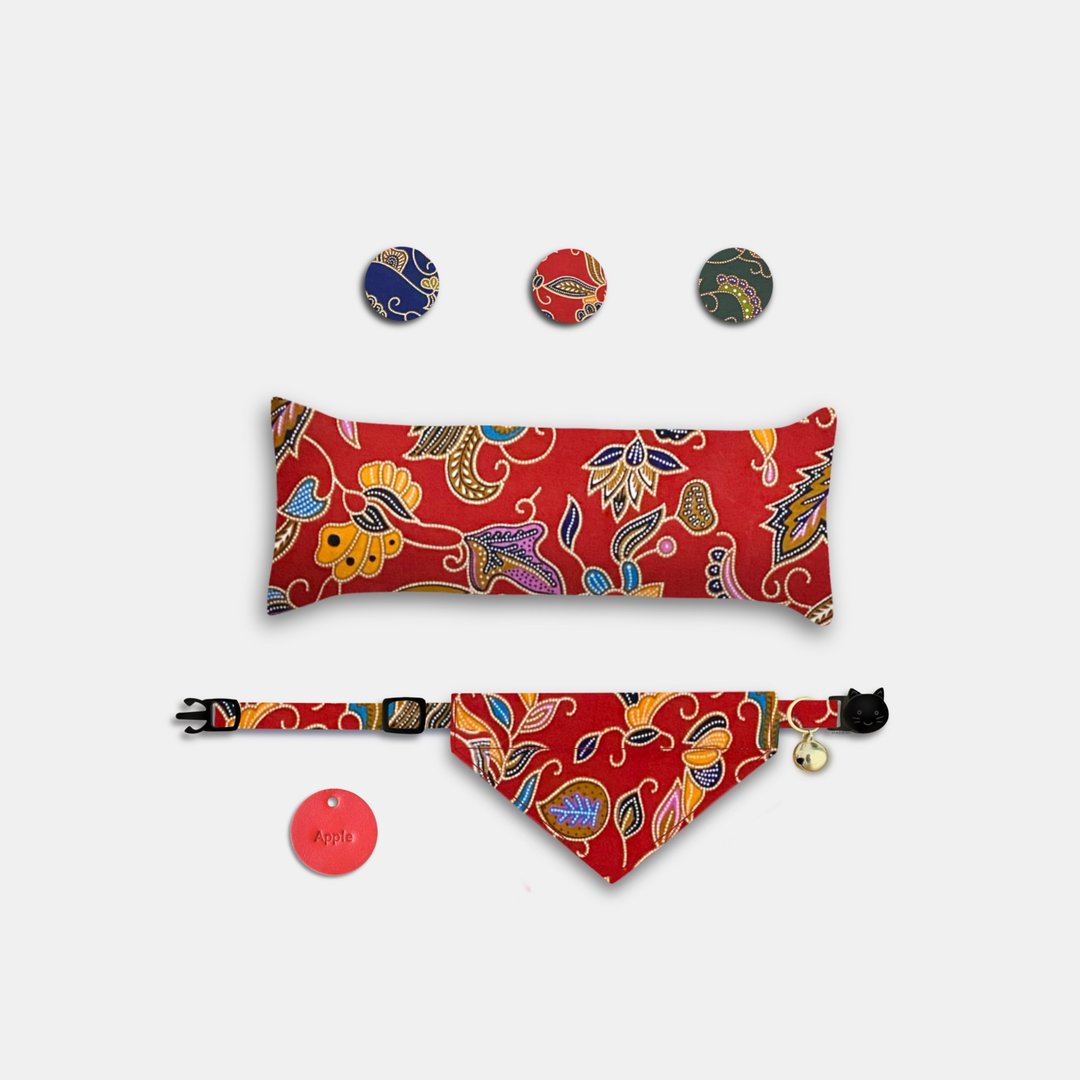 宠物猫咪派对礼盒 | 手工定制 Batik Red Pet Bundle Box - 项圈/牵绳 - 棉 红色