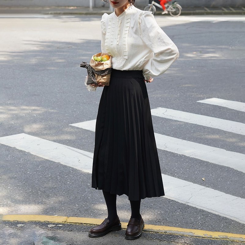 黑色松紧高腰百褶半裙|裙子|夏秋款|Sora-788 - 裙子 - 聚酯纤维 黑色