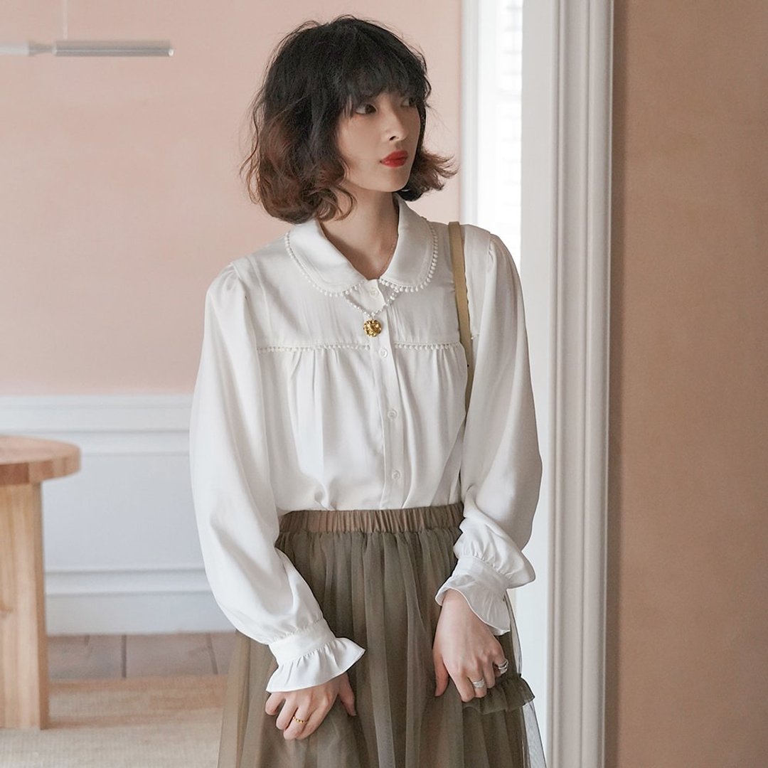 花边娃娃领泡泡袖衬衫|衬衫|春款|Sora-677 - 女装衬衫 - 其他人造纤维 白色
