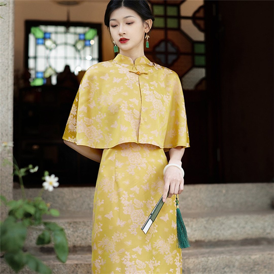 曉夢 改良旗袍 無袖掛脖春夏洋裝 修身婚禮晨袍敬酒服連衣裙 - 旗袍 - 聚酯纤维 黄色