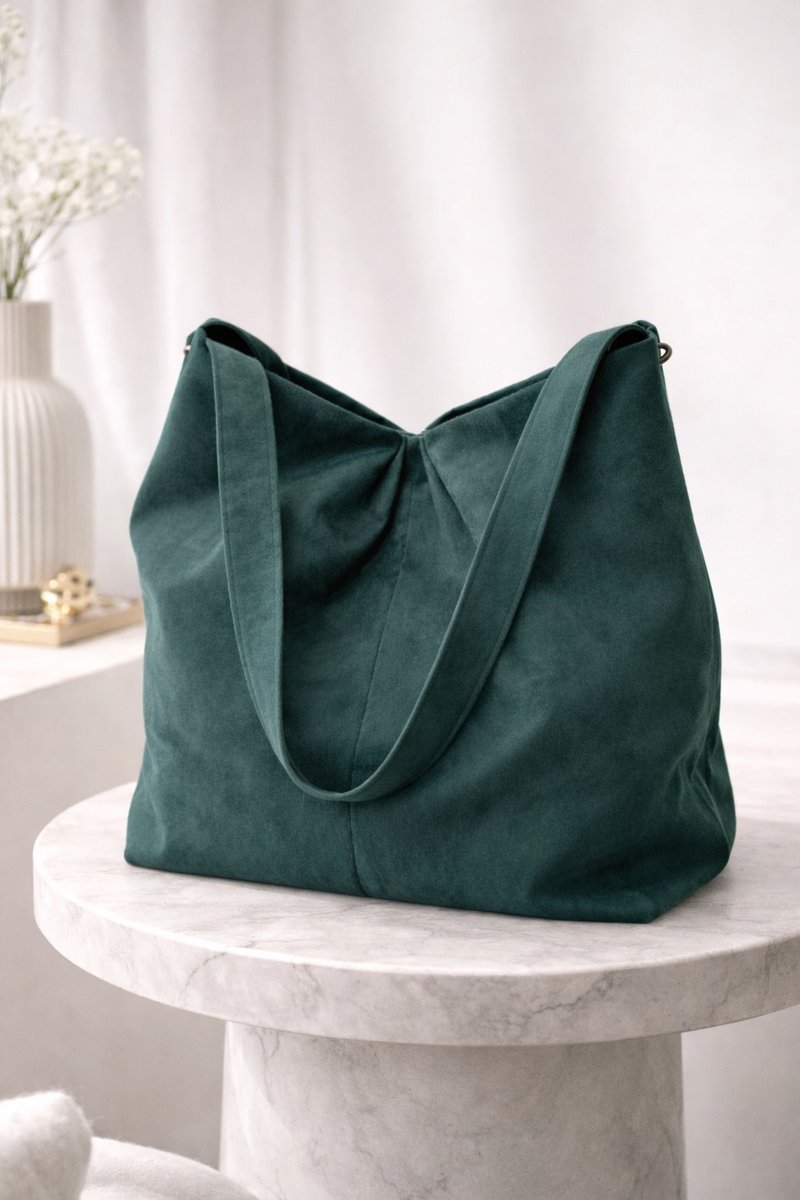 高质感麂皮绒布 / 极简优雅 Hobo 包 /【加大版】青黛蝶影 - 侧背包/斜挎包 - 聚酯纤维 