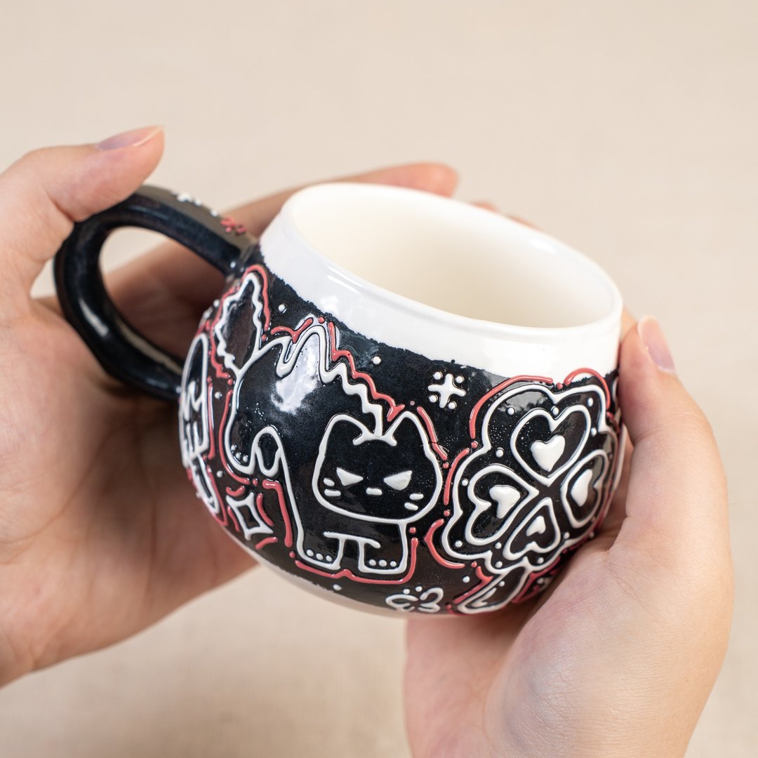 动画 3D 手绘咖啡杯 俏皮黑猫马克杯适合早上喝浓缩咖啡 - 咖啡杯/马克杯 - 陶 黑色