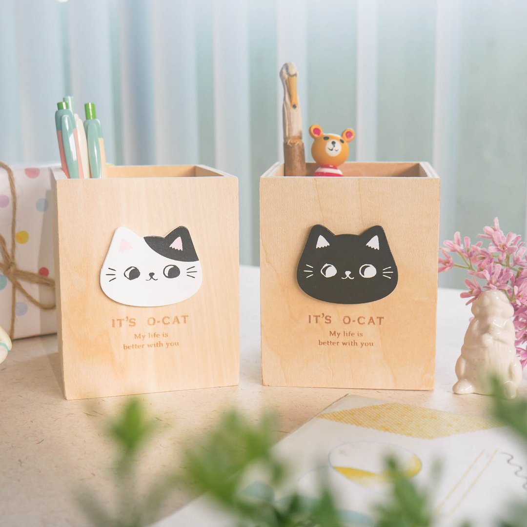 O-CAT - 木头笔筒。JBS-14。日系文具.质感简约.可爱猫咪 - 笔筒/笔座 - 木头 