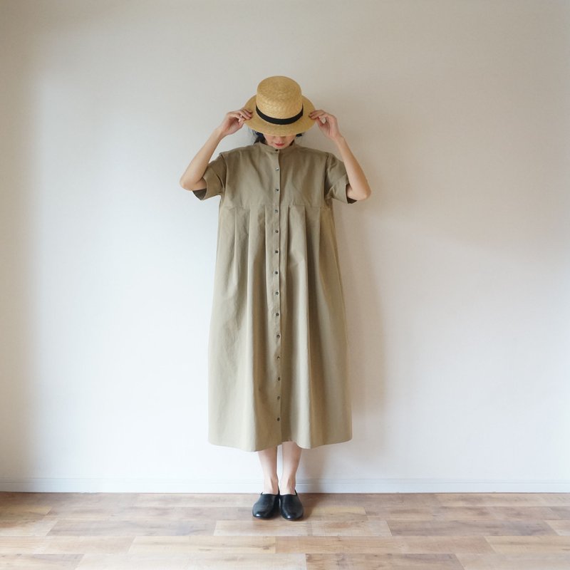 Cotton tuck one-piece - 洋装/连衣裙 - 棉．麻 卡其色