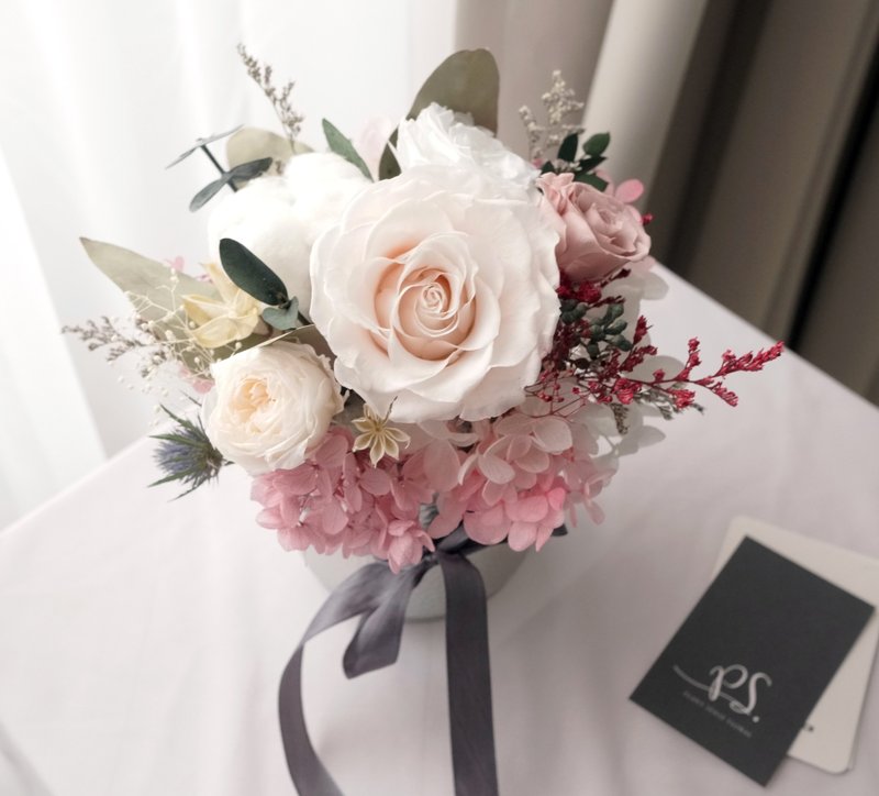 现货精选花礼大朵浅粉色系情人节玫瑰绣球花不凋花配银色铁制花器及精美礼盒 - 植栽/盆栽 - 植物．花 粉红色