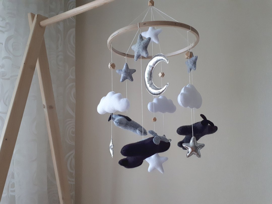 Mobile nursery airplane decor, crib mobile baby boy, montessori nursery decor - 玩具/玩偶 - 环保材料 黑色