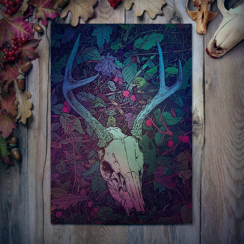 Deer Skull / Dark art poster / Goth home decor - 海报/装饰画/版画 - 纸 多色