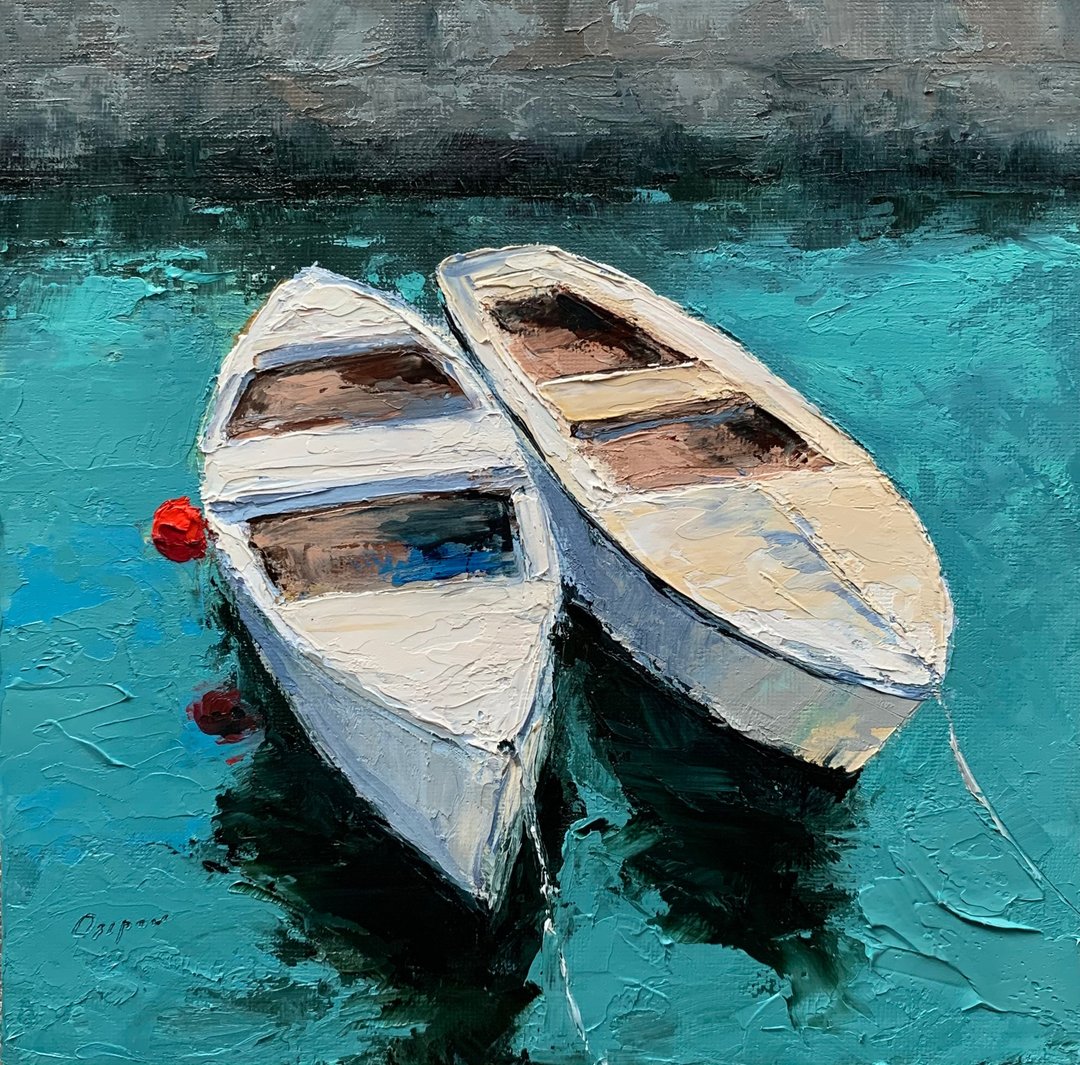 Original Seascape Oil Painting On Canvas Boats Landscape Textured Impasto Art - 墙贴/壁贴 - 棉 多色