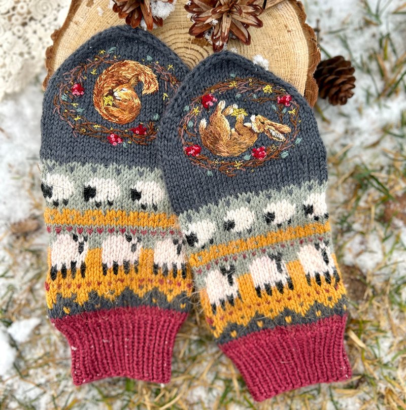 手工编织连指手套，搭配手工刺绣 - 手套 - 羊毛 多色