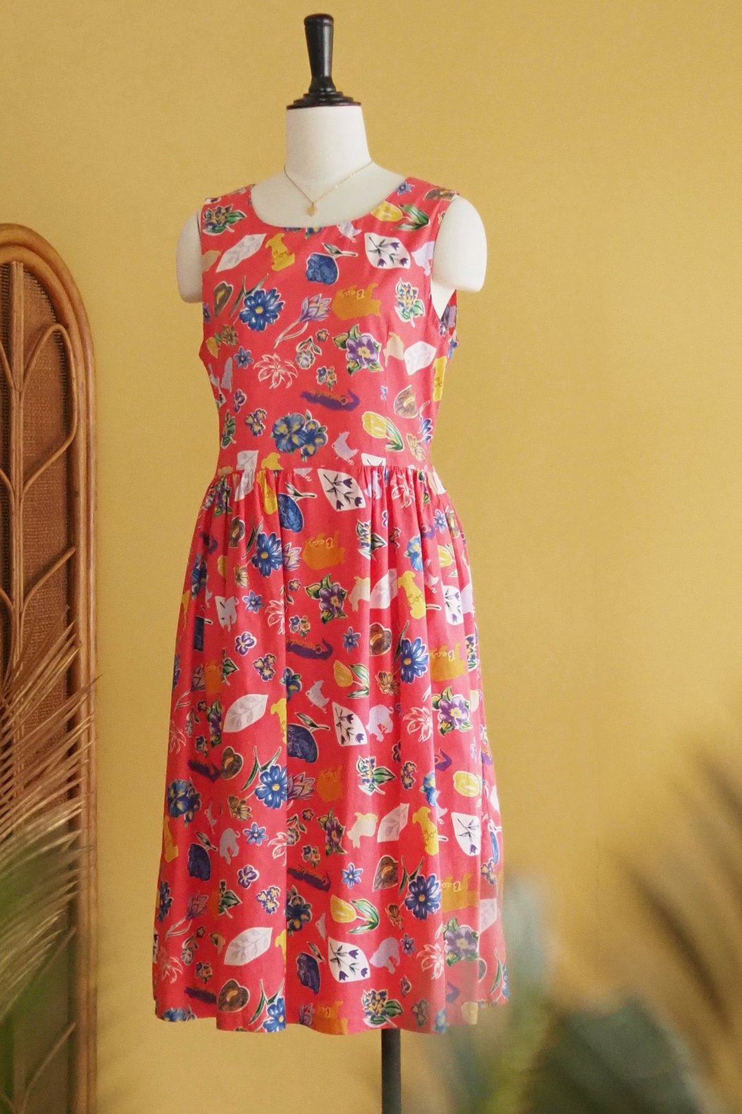 古著洋裝 | Size L | Pinky red flower animal pattern summer - 洋装/连衣裙 - 棉 红色
