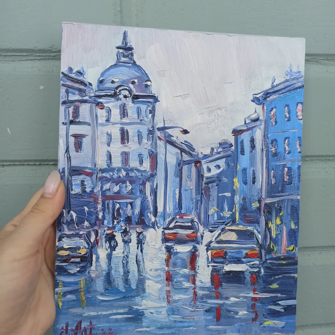 多雨城市绘画巴黎原创艺术厚涂城市景观艺术品 - 海报/装饰画/版画 - 棉 蓝色