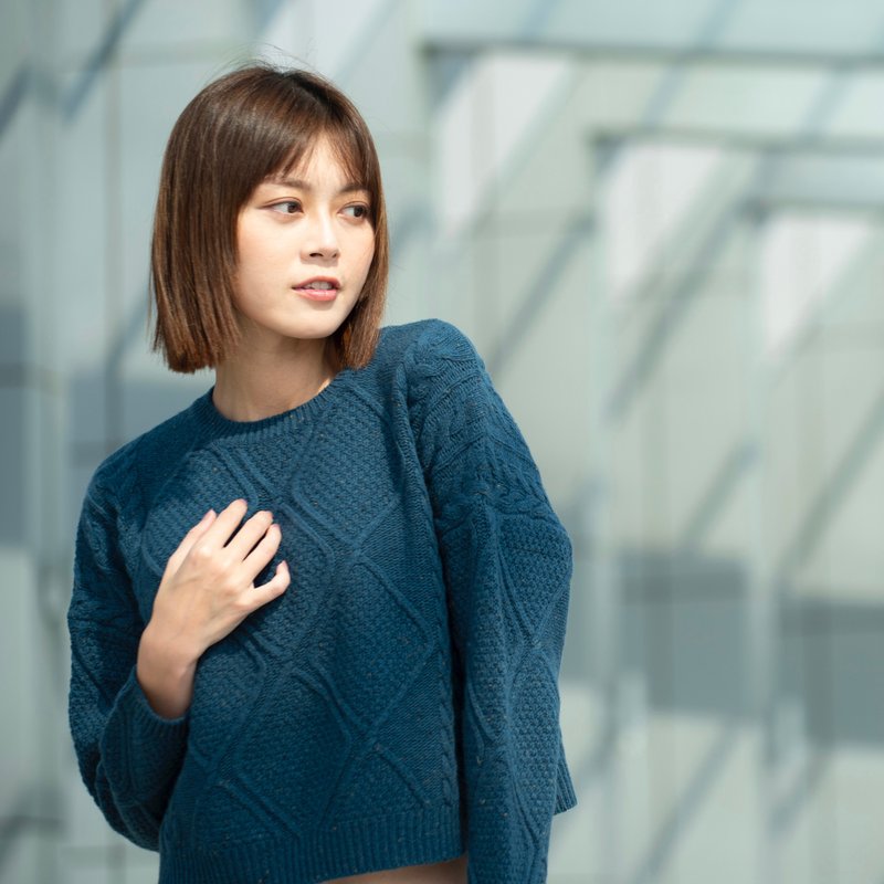 菱格纹短版针织衫 三色 - 女装针织衫/毛衣 - 聚酯纤维 黑色