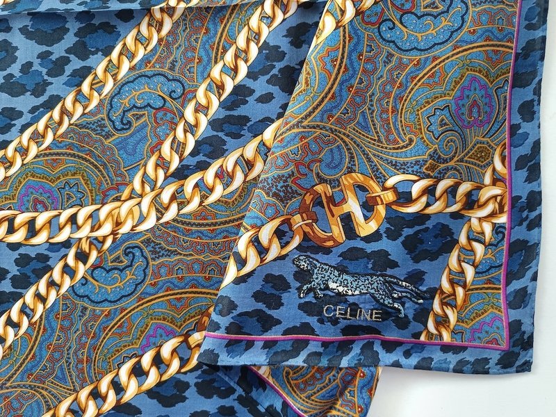 Celine 古董手帕 豹纹佩斯利图腾金链 22 x 21.5 英寸 - 手帕/方巾 - 棉．麻 蓝色