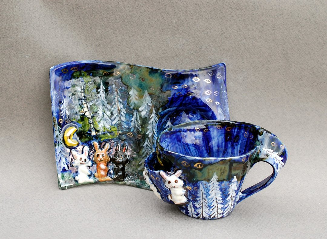 Forest Tea Set Rabbits cup and saucer Fairy forest Tea bag mug Blue tea cup - 其他杯子 - 瓷 多色