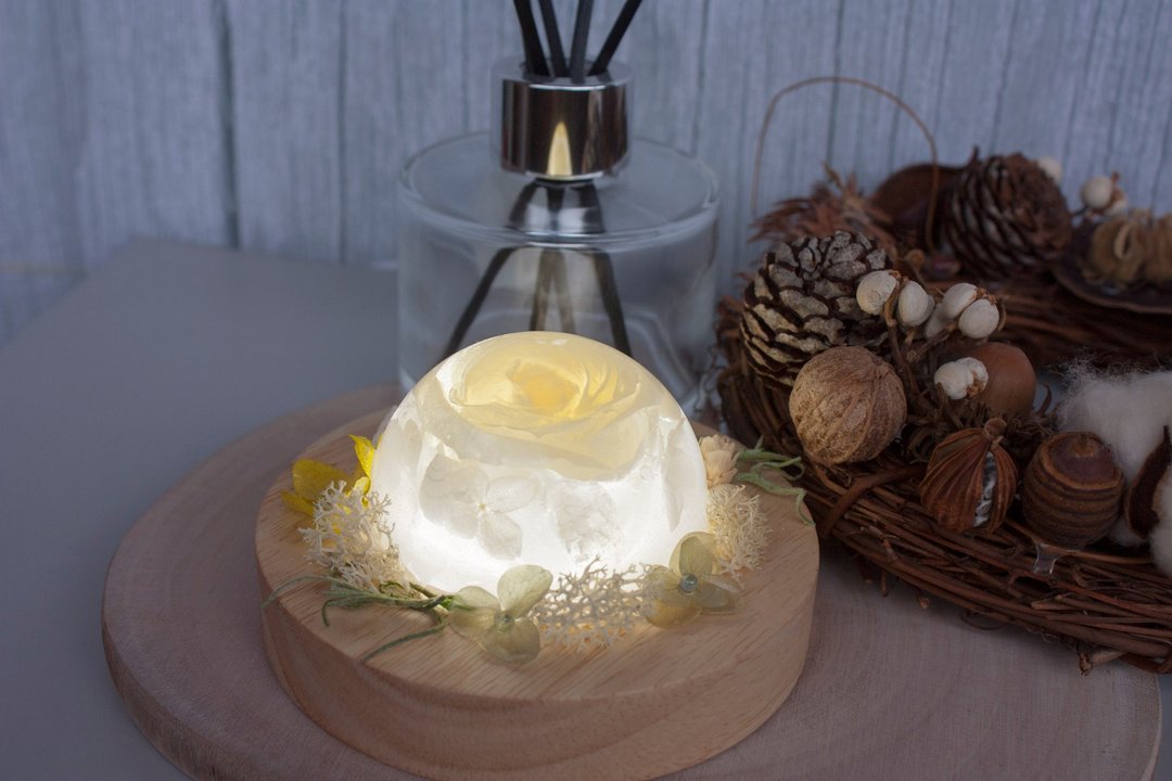 永生花手作夜灯 白玫瑰花气氛灯 天然石 水晶 - 灯具/灯饰 - 水晶 白色