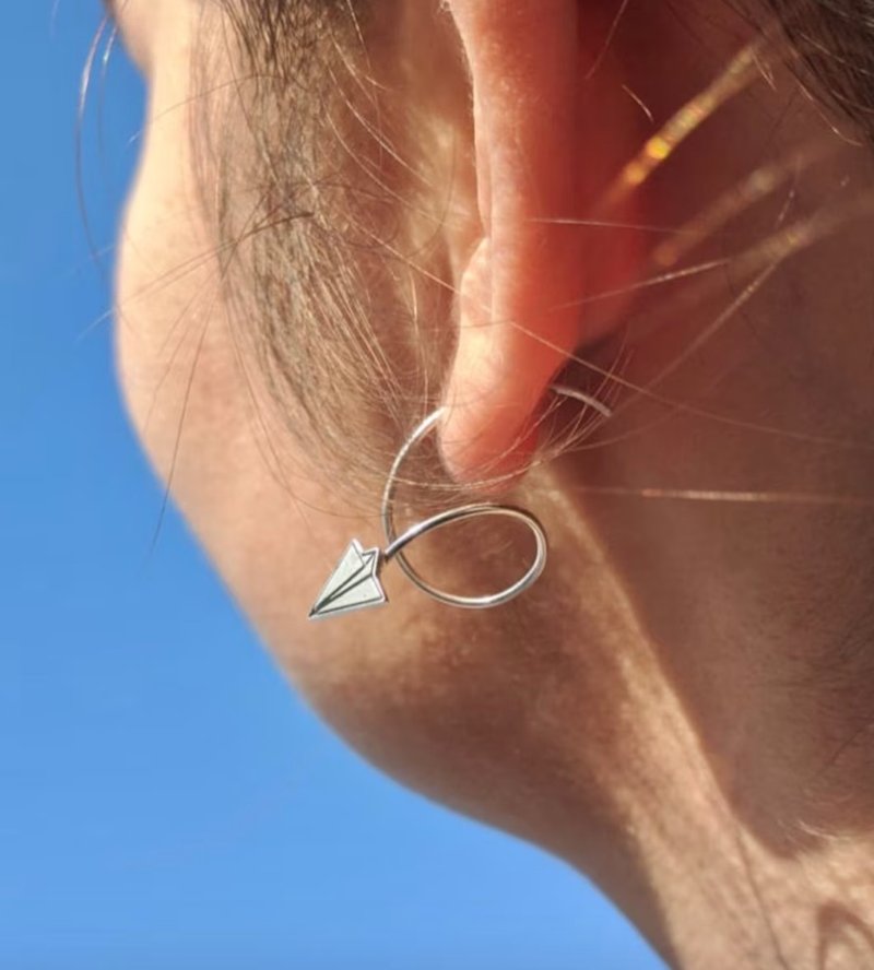 手工纯银纸飞机耳环 极简风格 - 耳环/耳夹 - 银 银色