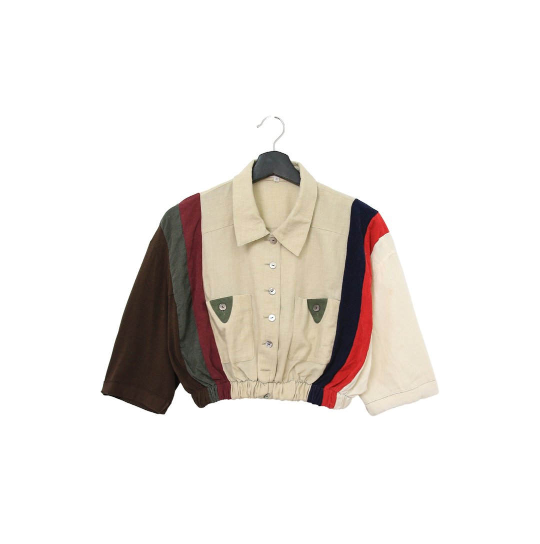 Back to Green- 再制拼接衬衫 卡其 红蓝条纹 vintage shirt - 女装衬衫 - 棉．麻 