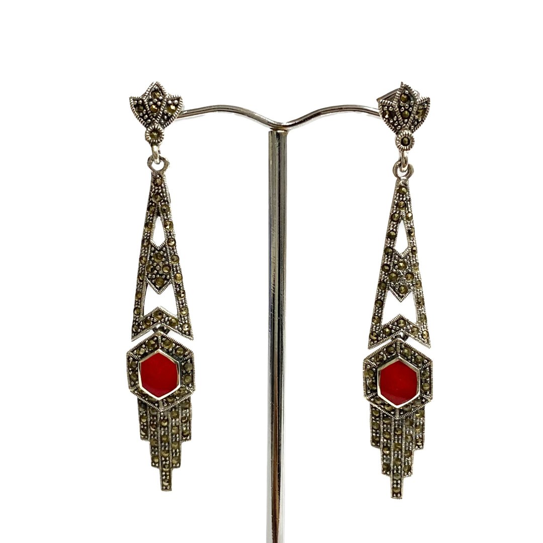 Art Deco Style Red Coral and Marcasite Set Pendant Earrings 925 Sterling Silver - 耳环/耳夹 - 纯银 银色