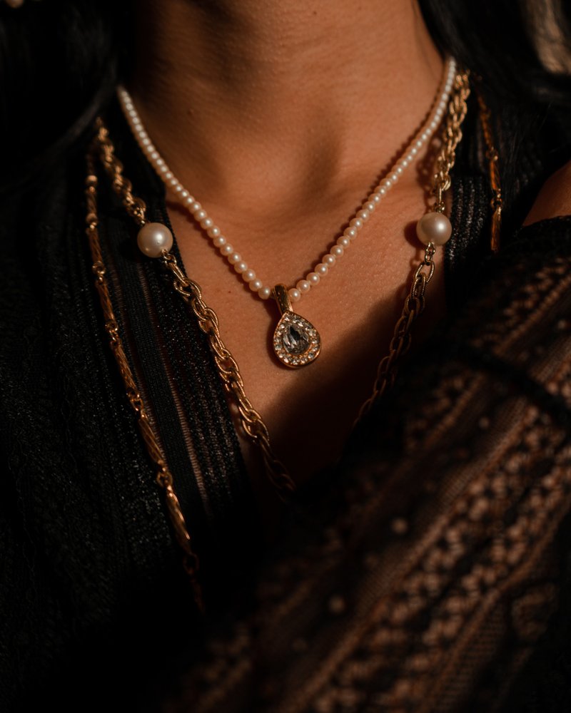 Vintage Monet Charm Crystal Pearl Necklace - 项链 - 贵金属 金色
