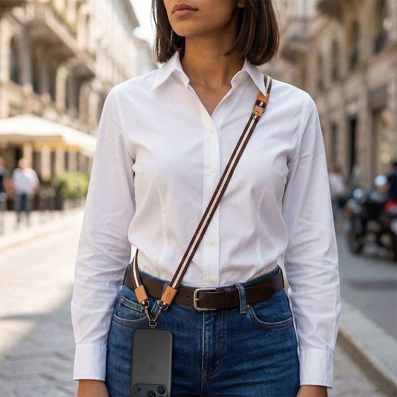 COZI-意大利植鞣革饰边 25/15mm宽版条纹手机背带挂绳手腕挂绳组 - 手机配件 - 聚酯纤维 橘色