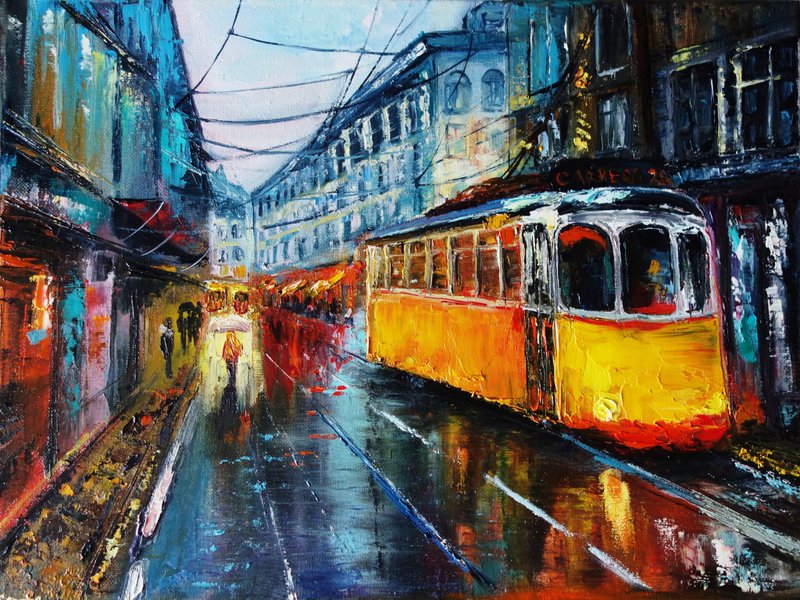 Yellow Tram Painting Oil Cityscape  油畫原作 Original Art Italy Artwork Canvas Art - 海报/装饰画/版画 - 颜料 多色