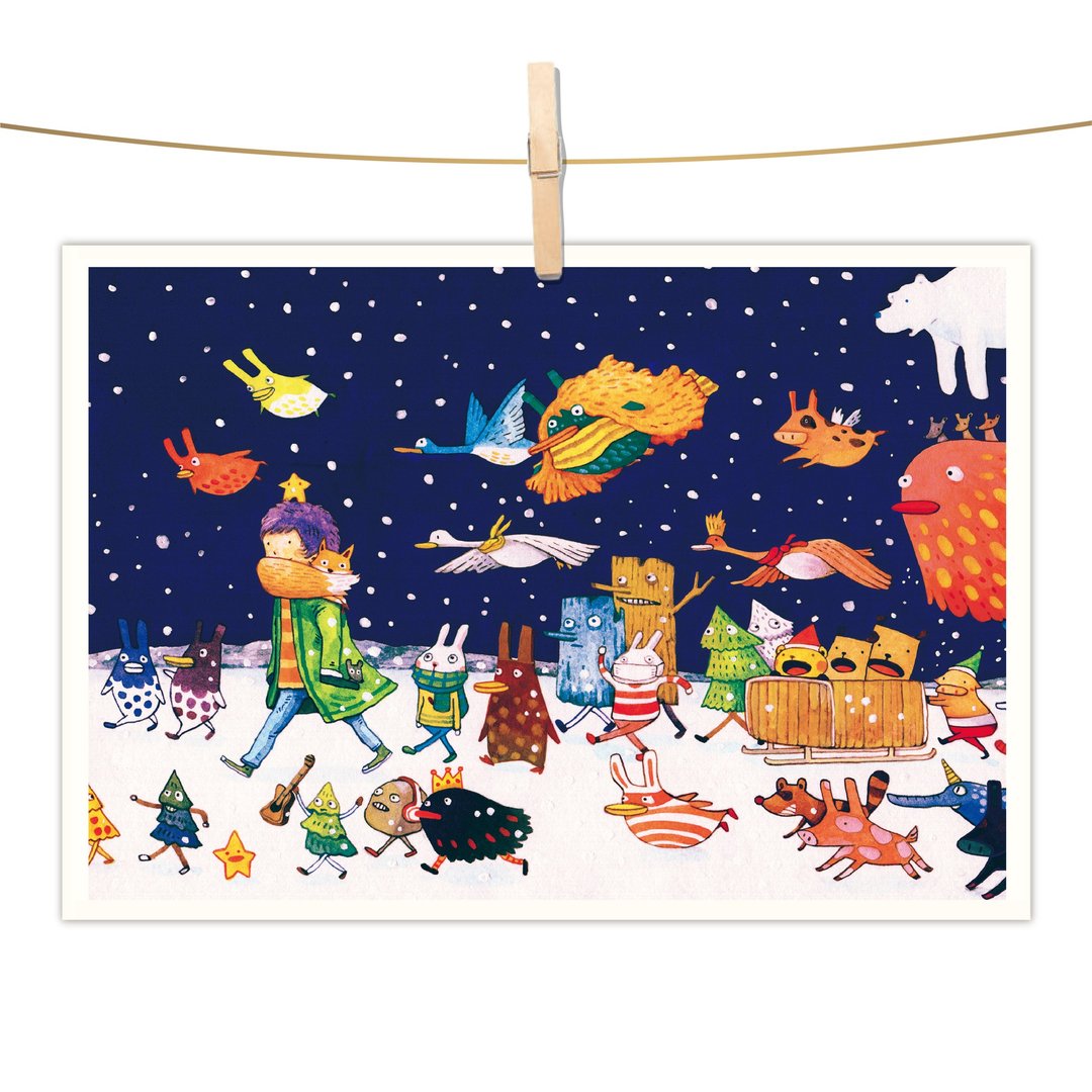 afu水彩插画明信片 - 星夜的小游行 - 卡片/明信片 - 纸 蓝色