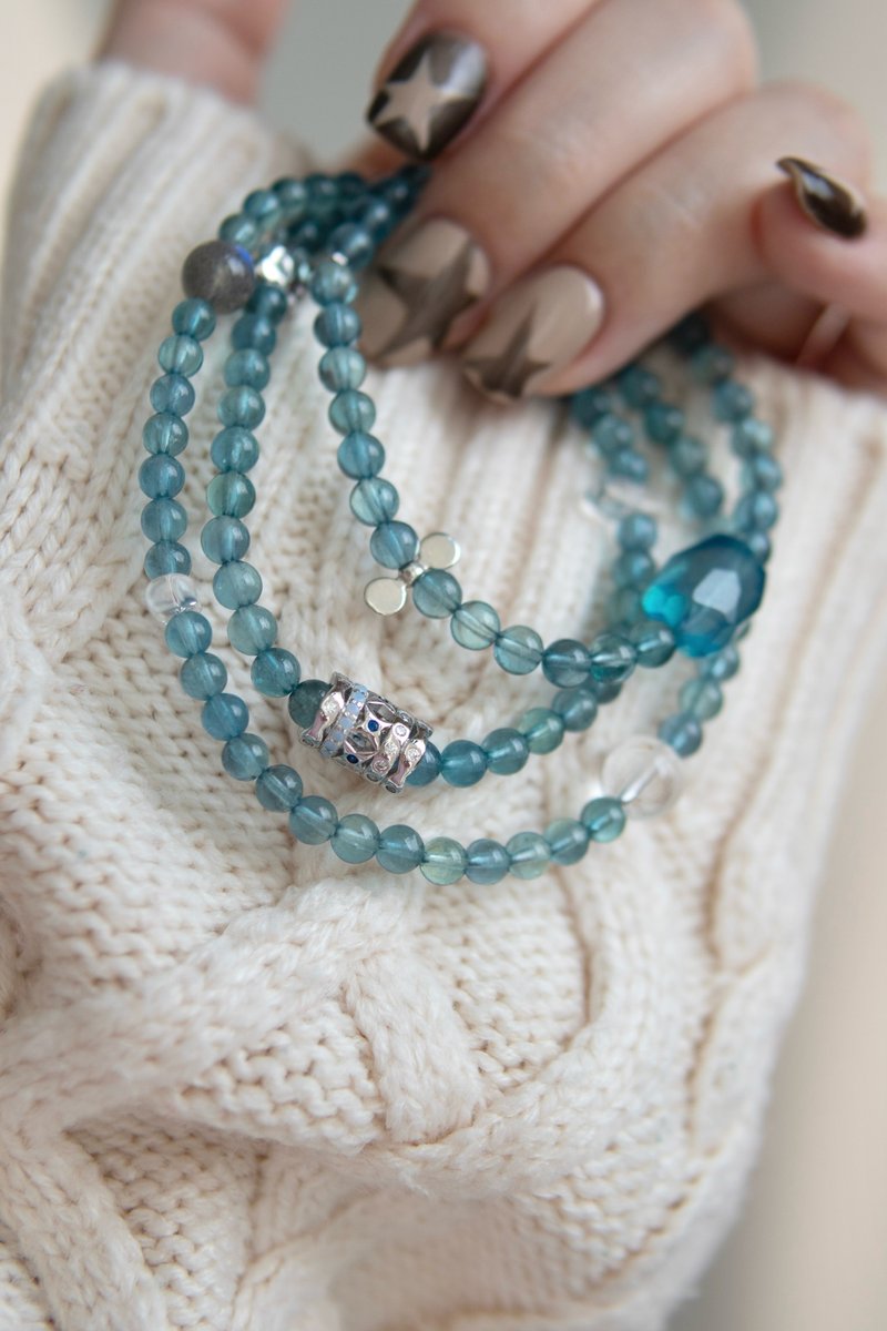 天然魔鬼蓝海蓝宝+S925银繁星镂空珠+海蓝宝随形切面珠+白水晶 - 手链/手环 - 水晶 