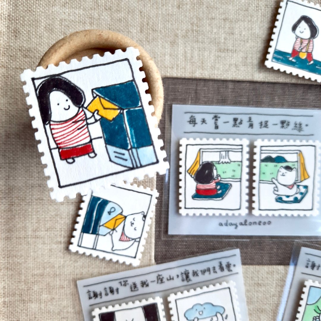 手绘邮票小卡贴纸 / 谢谢字语 - 卡片/明信片 - 纸 多色