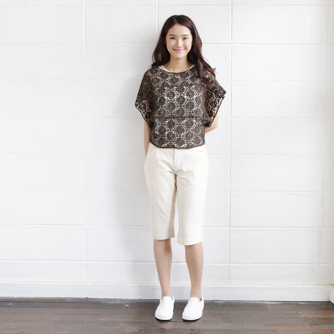 Brown Short Sleeve Over Size Tops Lace Cotton Soi-Fah - 女装上衣 - 棉 咖啡色