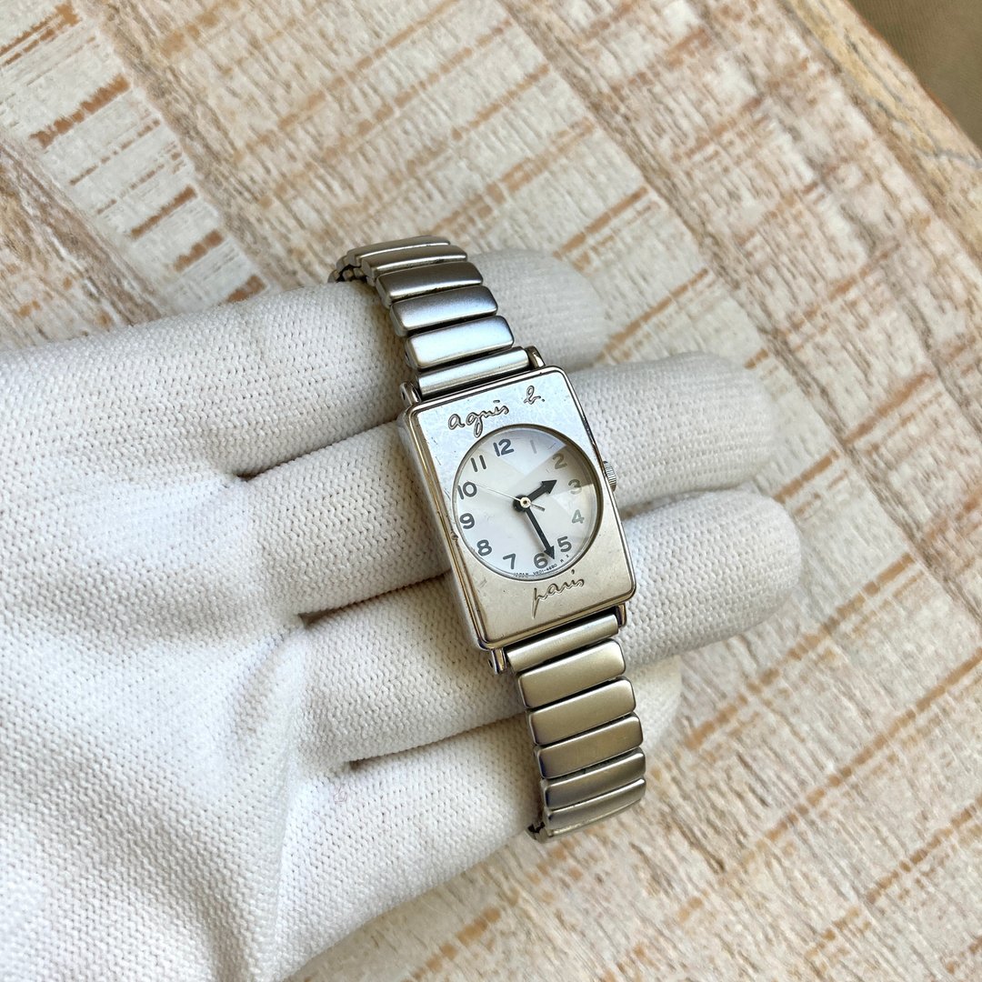 agnes b 特殊弹性表带 表盘品牌刻纹 银色古董表 vintage - 女表 - 其他金属 银色