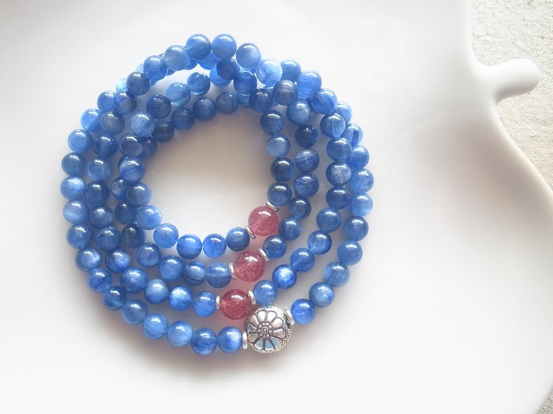 ORLI Jewelry♡♡天然蓝晶石108颗念珠X多圈手链♡纯银花朵♡天然石♡草莓晶♡♡Kyanite - 手链/手环 - 宝石 蓝色