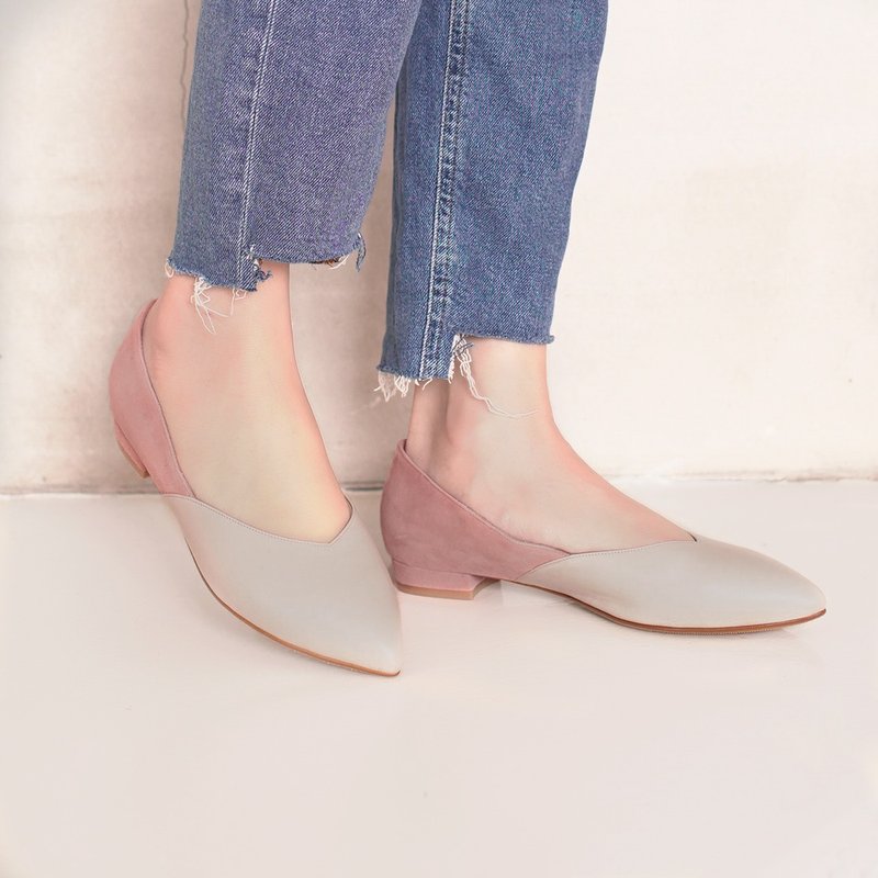 显瘦修修脚!优雅丝绒双色平底鞋  全真皮 MIT -裸×粉 - 其他女款皮鞋 - 真皮 粉红色