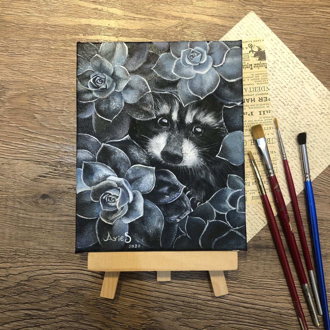 多肉植物里的浣熊 无框画 油画作品 礼物 情人节 生日礼物 - 海报/装饰画/版画 - 棉 