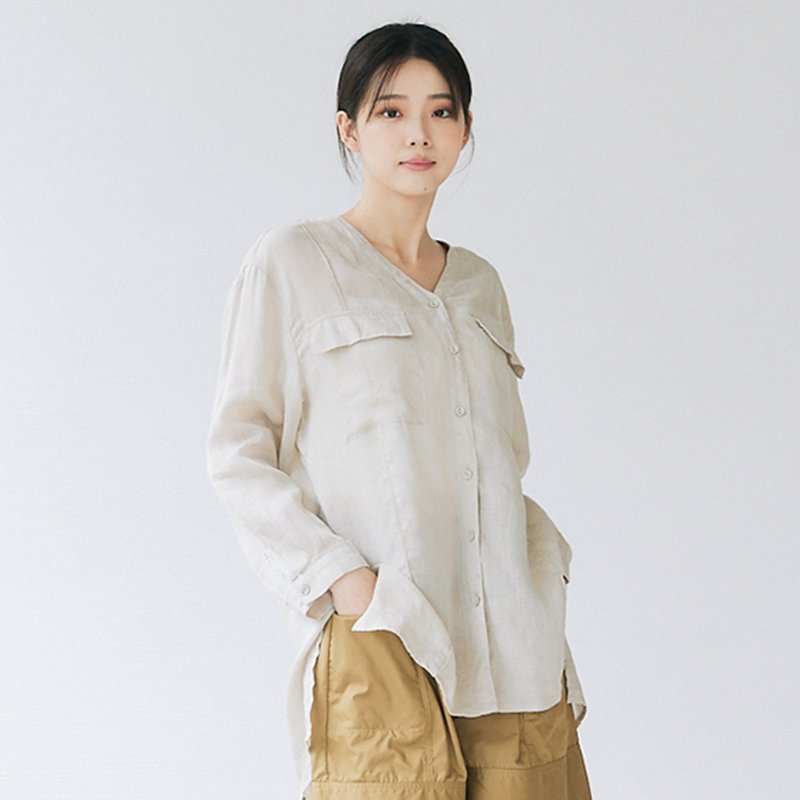 【Simply Yours】V领透肤罩衫 卡其F - 女装衬衫 - 棉．麻 卡其色