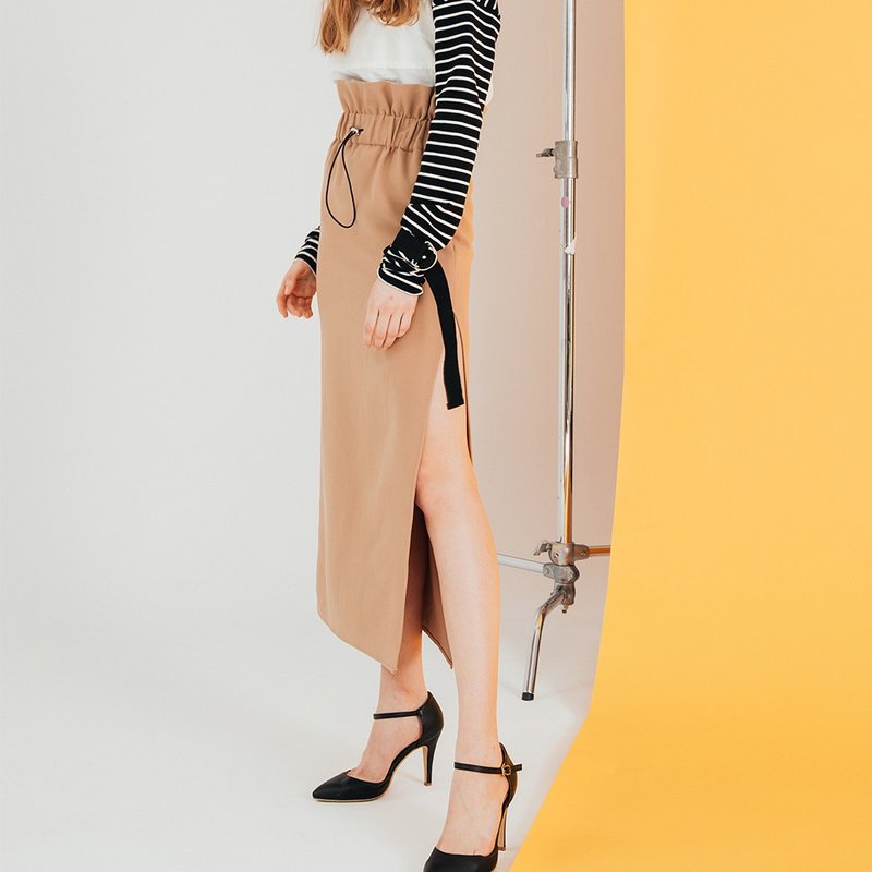 花苞高腰抽绳系带长裙(卡其)│Who Cares 台湾服饰品牌 - 裙子 - 其他材质 卡其色