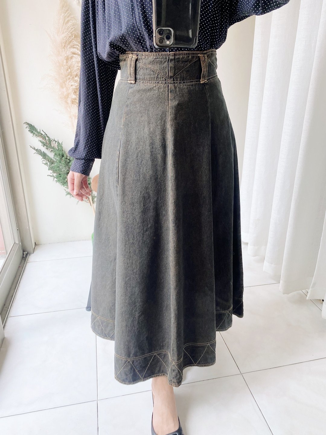 水洗黑橘色大圆摆刺绣 古着棉质牛仔下身裙A字长裙 skirt vintage - 裙子 - 棉．麻 咖啡色