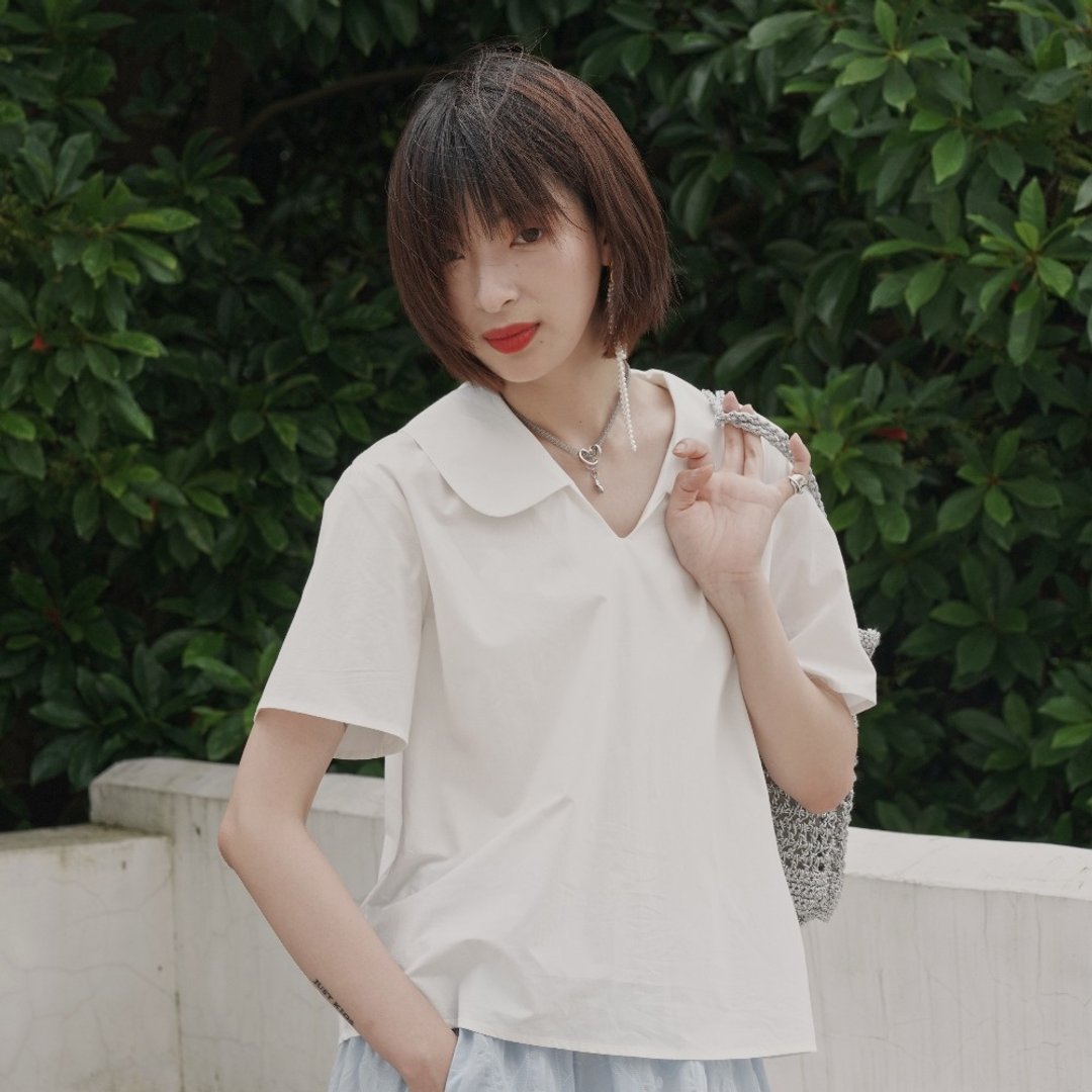 白色娃娃领衬衫|衬衫|夏款|棉|Sora-527 - 女装衬衫 - 棉 白色