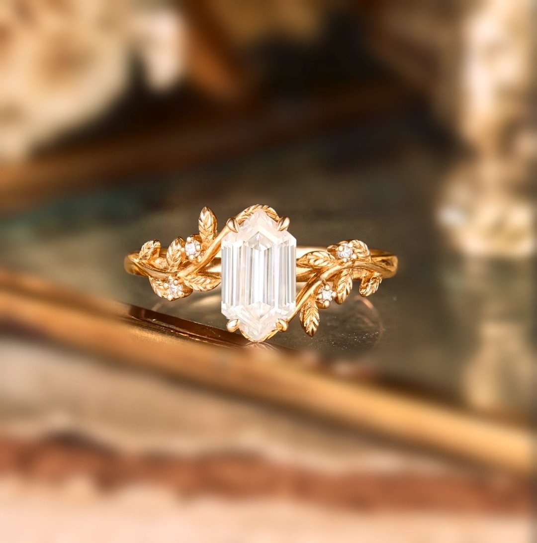 长 તેની Moissanite 订婚戒指，14K 枫叶戒指，订婚戒指 - 对戒 - 纯银 绿色
