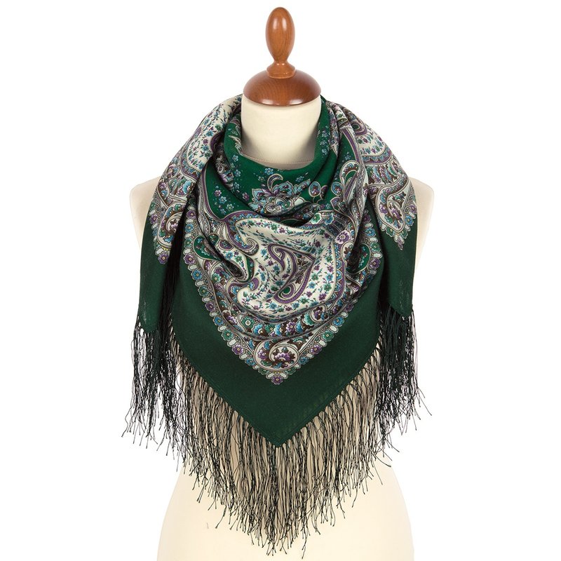 正品 Павел посад (Pavlovo Posad) 俄罗斯羊毛披肩围巾 100% 柔软羊毛 89x89 厘米 2046-9 - 丝巾 - 羊毛 绿色