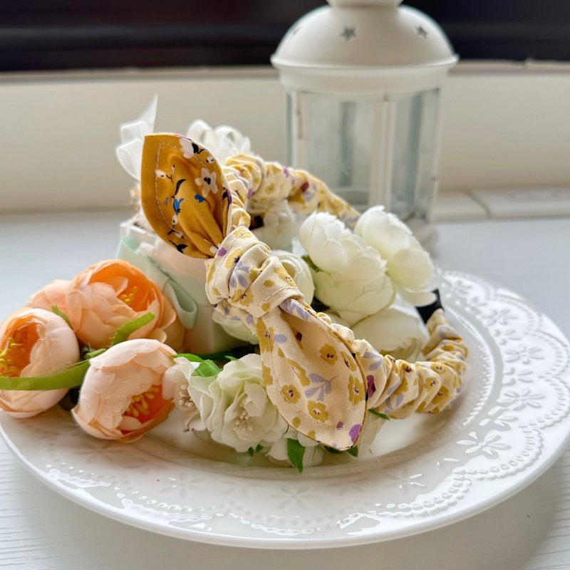 纯棉拼布绑结蝴蝶结细版发箍头箍发饰-棕黄色的花园 - 发饰 - 棉．麻 黄色