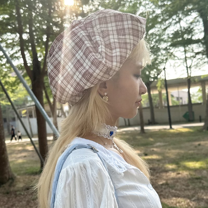 玛丽格纹 米红 纯棉 手作贝蕾帽 贝雷帽 - 帽子 - 棉．麻 红色