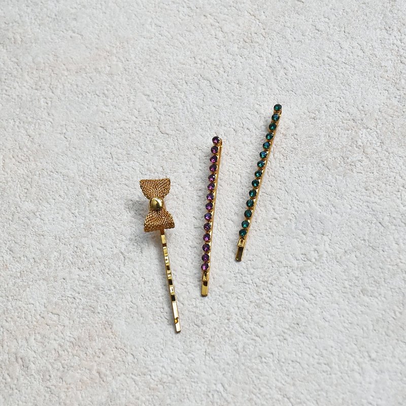 【新年福袋】金色蝴蝶结水晶套组 - 发饰 - 铜/黄铜 绿色