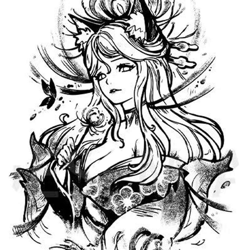 发2张【高级狐耳彼岸花艺妓】真实感半永久刺青图案草本纹身贴 - 纹身贴 - 纸 黑色
