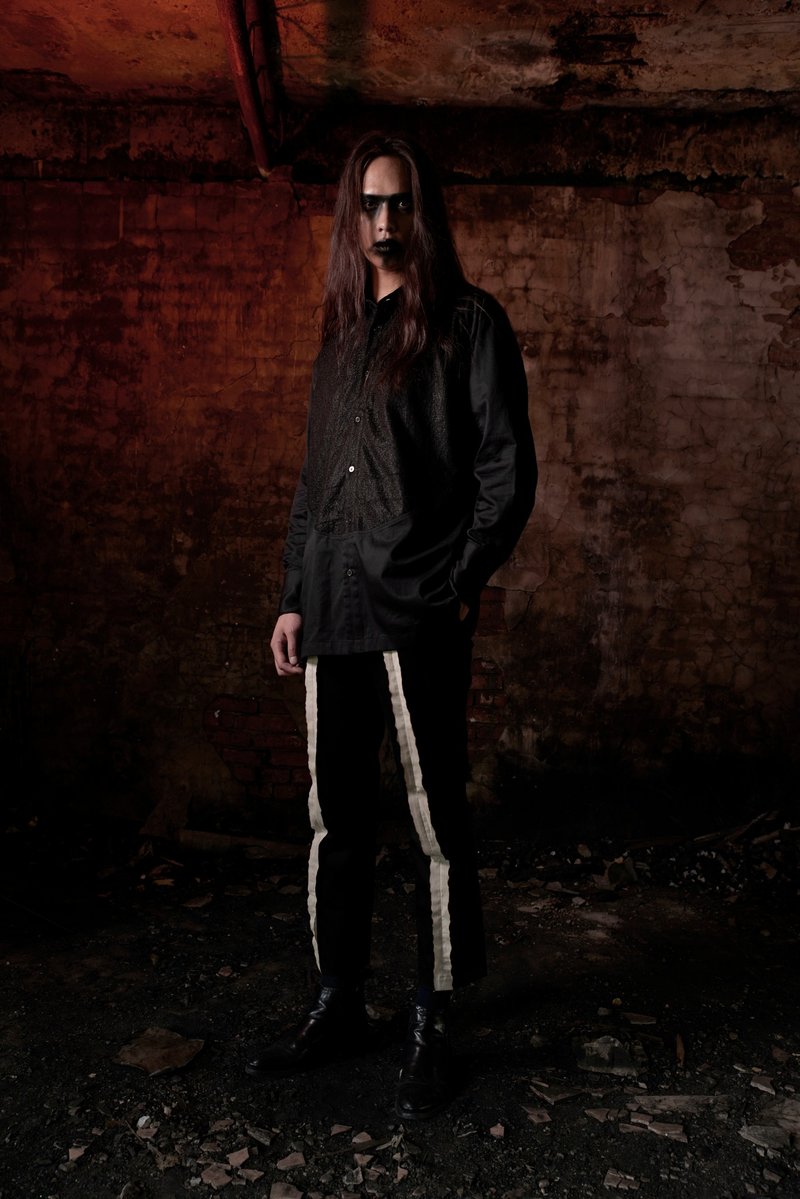 焦黑质地剪接黑衬衫(181T08) - 男装衬衫 - 棉．麻 黑色