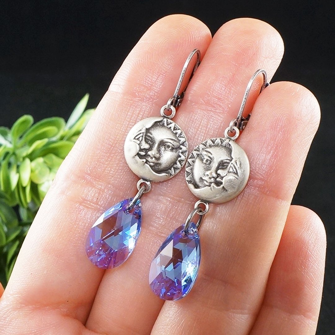Blue Lilac Swarovski Sun and Crescent Moon Celestial Silver Earrings Jewelry - 耳环/耳夹 - 水晶 蓝色